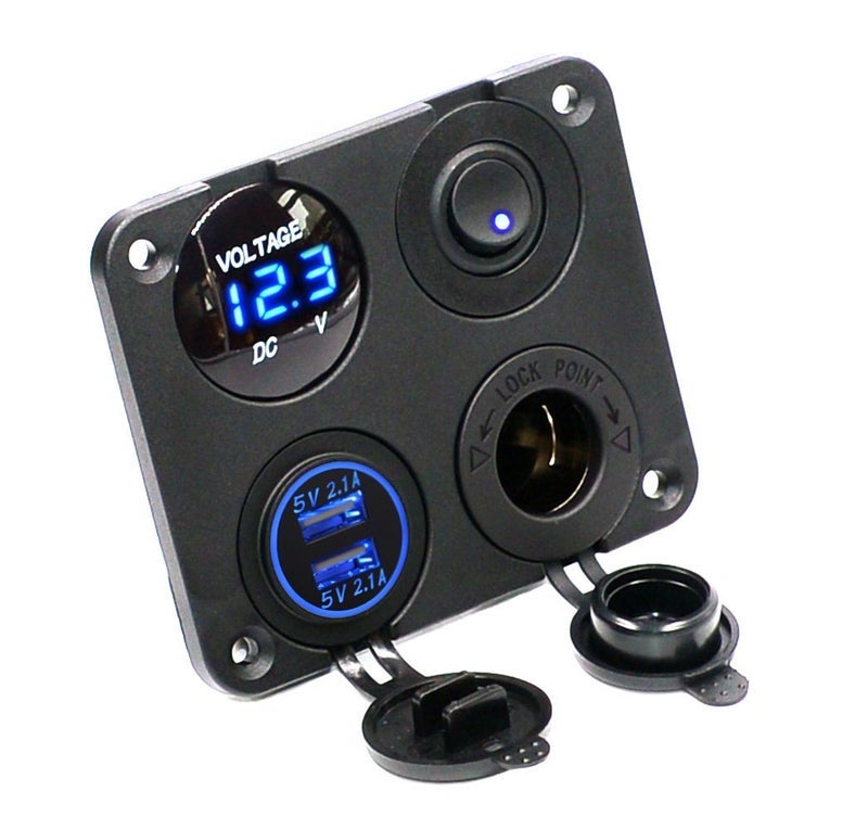 Cllena Dual USB Socket Charger 2.1A&2.1A + LED Voltmeter + 12V Power Outlet + ON-OFF Toggle Switch Four Functions Panel for Car Boat Marine RV Truck Camper Vehicles GPS Mobiles (Blue) - Image 1